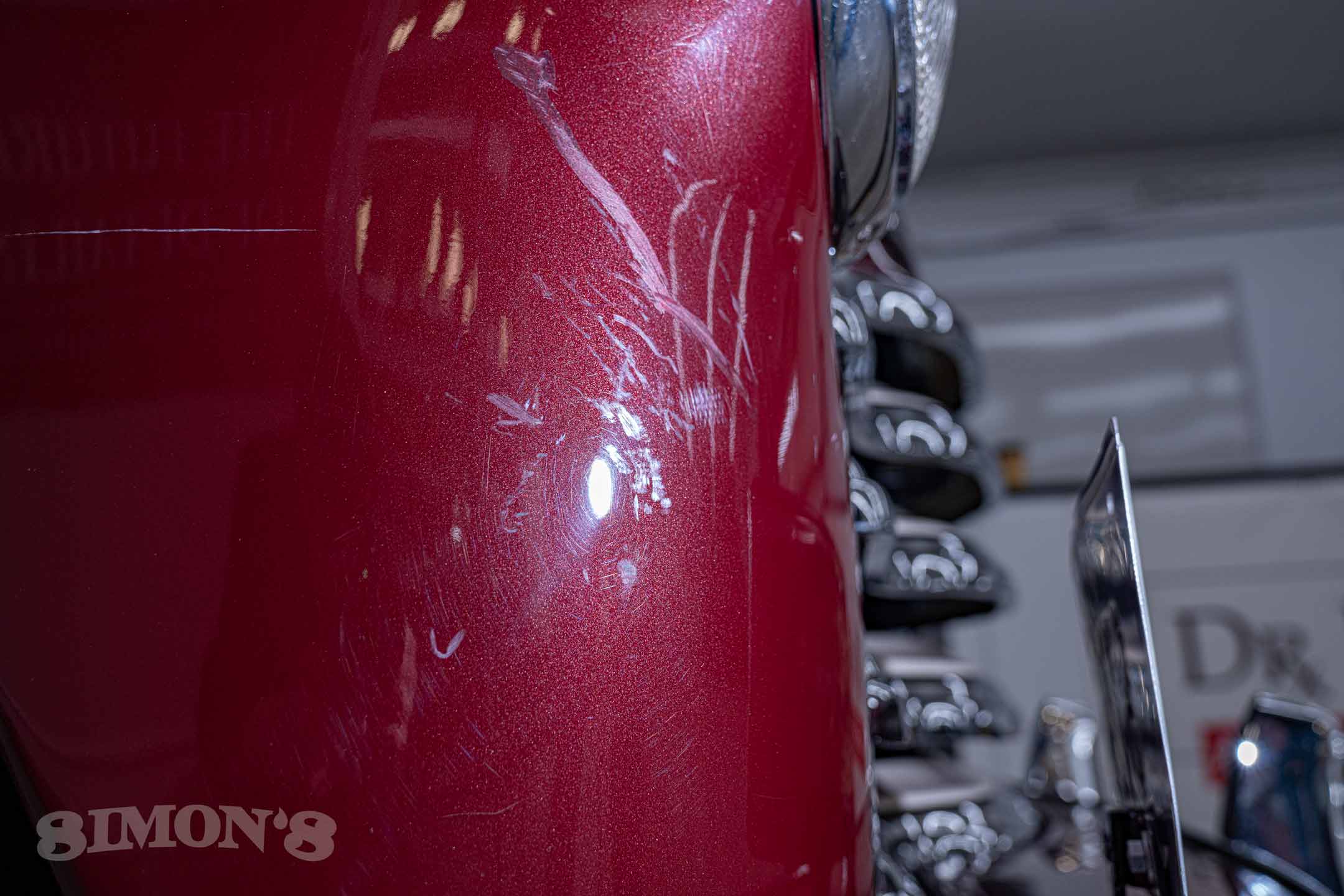 The side of a 1950 Chevrolet 3100 before paint correction.