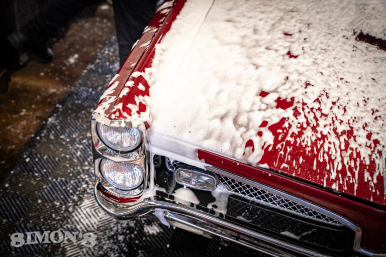 Car wash soap on a 1967 Candy Apple Red Pontiac GTO.
